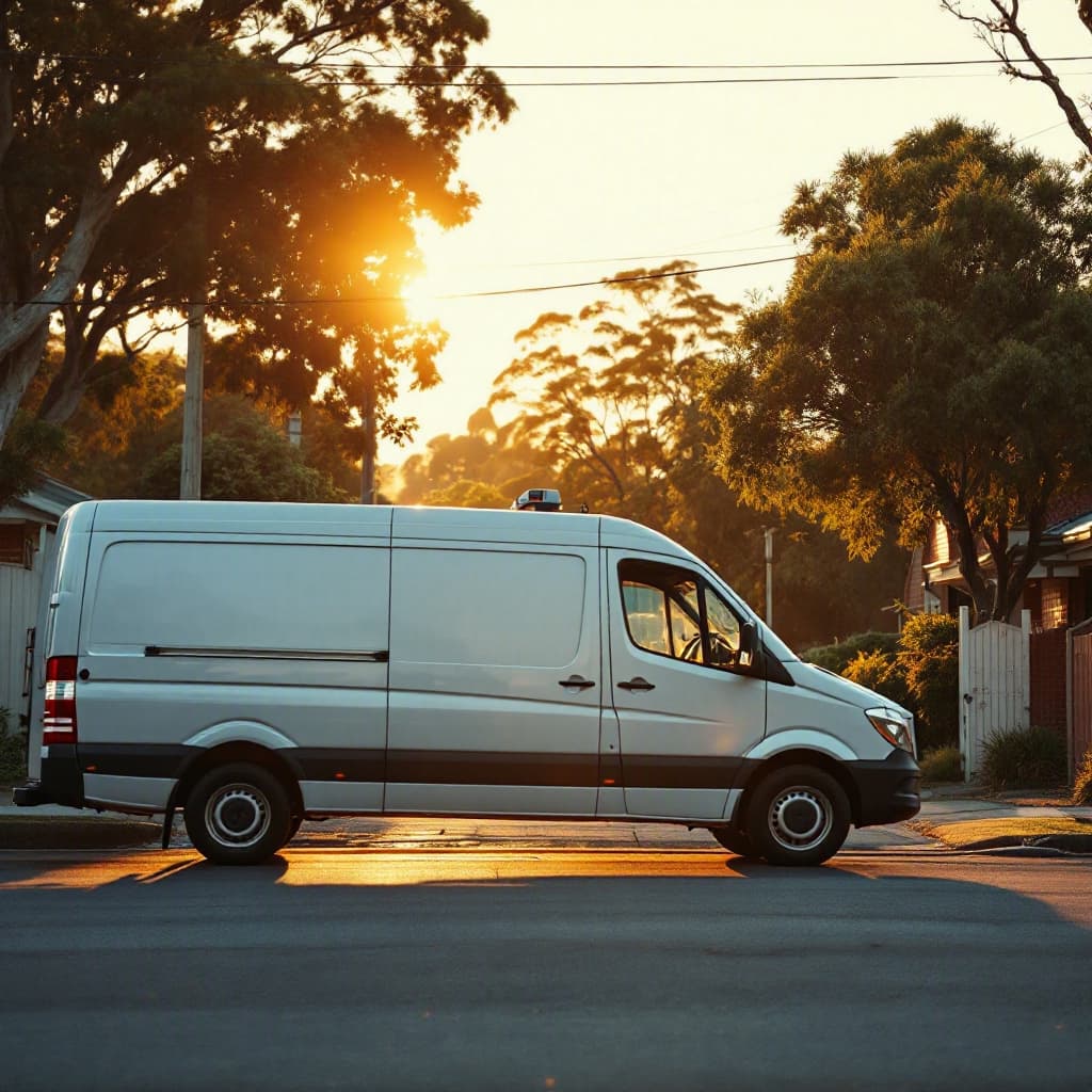 A tradesperson's van parked on an Australian suburban street at golden hour